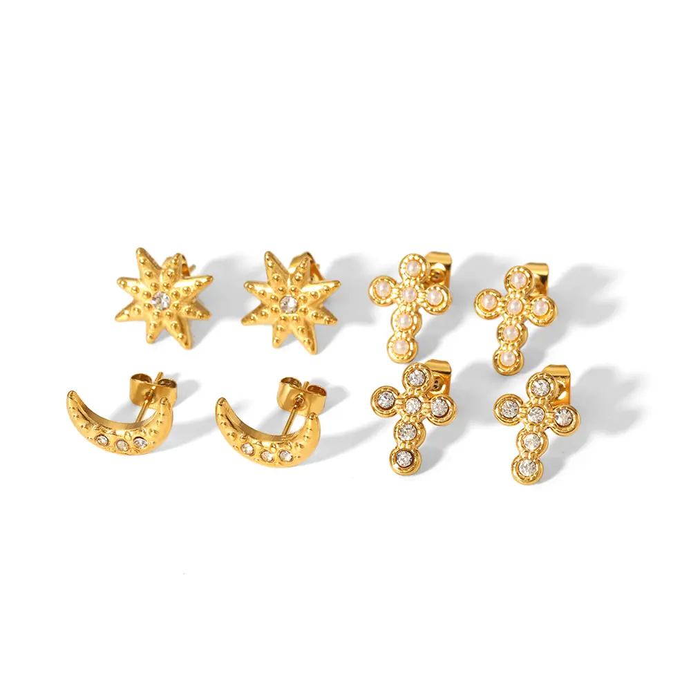 1 Pair Simple Exquisite Style Star Moon Cross Shape Stainless Steel 18K Gold Plated Inlay Rhinestones Women's Stud Earrings 